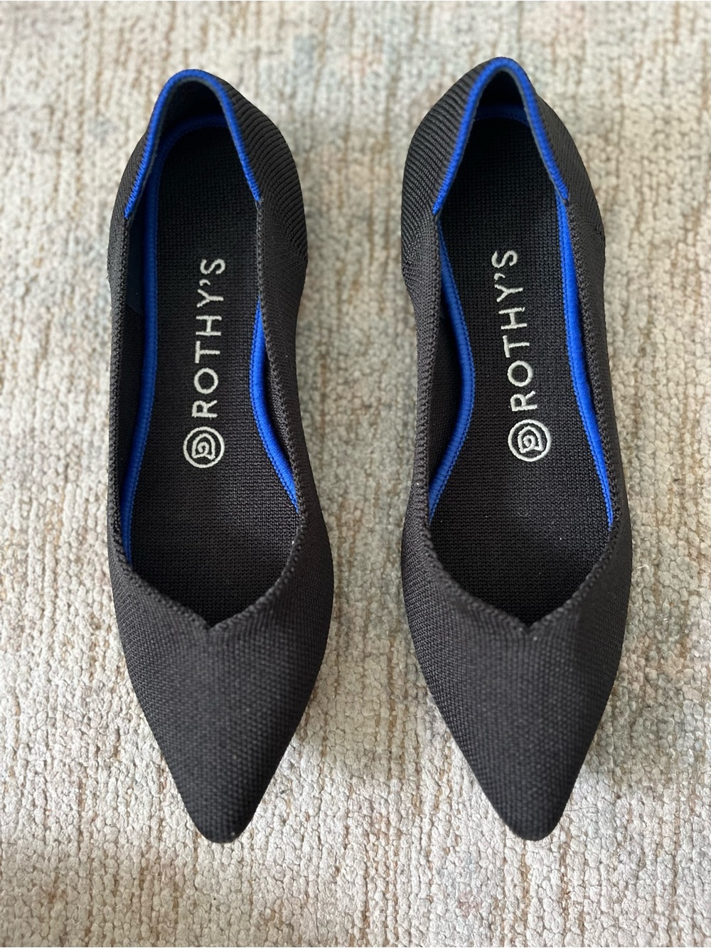 Rothy's Black Pointed Knit Flats with Blue Trim